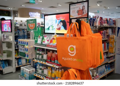 SINGAPORE - APR 19, 2022: Guardian Recycle Bag Display In Shelves At Guardian Beauty Store Singapore