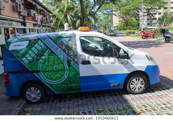 SINGAPORE - APR 2021. A Public Utilities\
Board PUB van has  save-water advertisements to educate the public.\
PUB is Singapore’s National Water\
Agency.