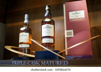 SINGAPORE - APR 21, 2018: The Glenlivet Single Malt Scotch Whisky on store shelf in Changi Airport new Terminal 4. The Glenlivet brand is the biggest selling single malt whisky in the United States.
