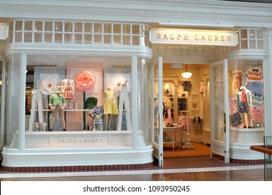 SINGAPORE - APR 22, 2018: Exterior view of Ralph Lauren Store in Marina Bay Sands Shopping mall, Singapore. Best known for the Polo Ralph Lauren clothing brand.