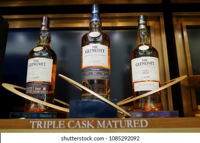 SINGAPORE - APR 22, 2018: The Glenlivet Single Malt Scotch Whisky on store shelf in Changi Airport new Terminal 4. The Glenlivet brand is the biggest selling single malt whisky in the United States.
