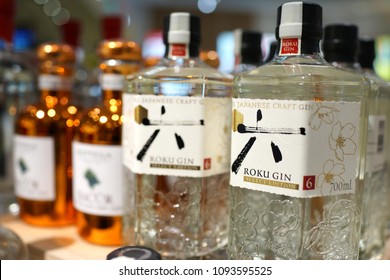 SINGAPORE - APR 22, 2018: Roku Gin Japanese Craft Gin From Japan Distiller Suntory On Store Shelf In Changi Airport Terminal 4.