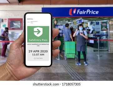 Singapore Apr2020 Enhanced Circuit Breaker Measures; Contact Tracing At NTUC Fairprice Supermarket Through SafeEntry App Via SingPass Mobile, A Government-developed Cloud-based Check-in System.