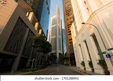 Singapore, Singapore - April 11, 2020: Empty Street Of Singapore CBD, During Circuit Breaker Or Lockdown Due To Increased Rate Of COVID-19 Infection