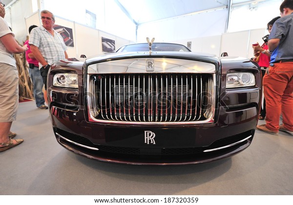 SINGAPORE - APRIL 12:\
Front bonnet of the Rolls Royce Wraith on display during Singapore\
Yacht Show at One Degree 15 Marina Club Sentosa Cove April 12, 2014\
in Singapore