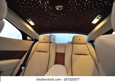 SINGAPORE - APRIL 12: Rear leather seats with star ceiling of the Rolls Royce Wraith on display during Singapore Yacht Show at One Degree 15 Marina Club Sentosa Cove April 12, 2014 in Singapore