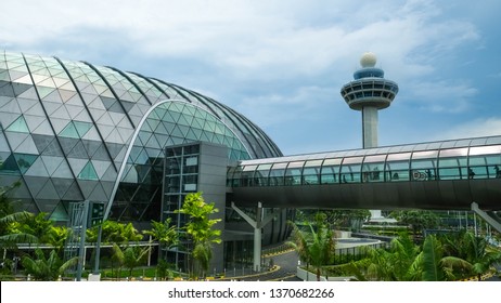 Singapore, April 13, 2019- Jewel Changi and changi airport control tower. view form skytrain.