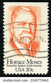 SINGAPORE – APRIL 14, 2022: A Stamp Printed In USA Shows Portrait Of Horace Augustus Moses, Prominent Industrialist And Junior Achievement Founder, Circa 1984