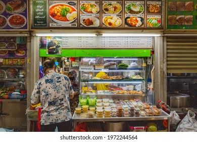 Singapore - April 17, 2021: A Traditional Hawker Stall Opening For Business In Tekka Market, Singapore.