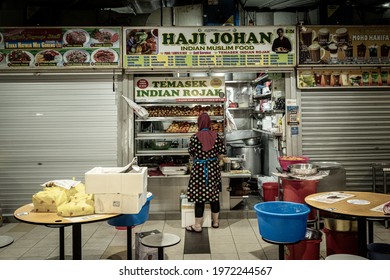 Singapore - April 17, 2021: A Traditional Hawker Stall Opening For Business In Tekka Market, Singapore.