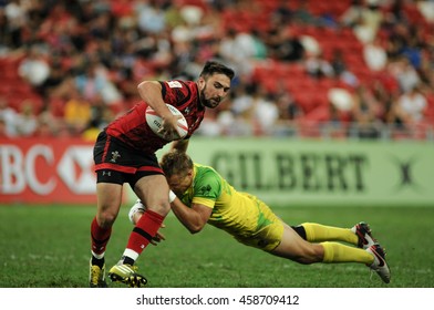 SINGAPORE - APRIL 17,2016 : Wales 7s Rugby Player In Action At HSBC World Rugby Sevens Series Singapore.