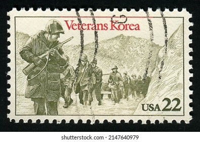 SINGAPORE – APRIL 20, 2022: A Stamp Printed In USA Shows American Troops In Korea, Korean War Veterans, Circa 1985