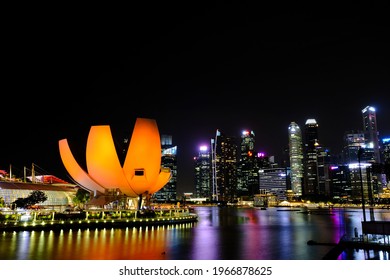 Singapore - April 24 2021 ; Singapore Art Museum With Sky Scraper At Night Sky View In Colorful Singapore Landscape Scene