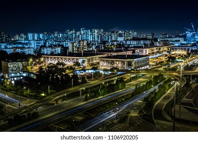 Singapore - April 25, 2018: Aerial View Of Keppel Distripark And West Coast Highway At Night. 