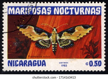 SINGAPORE – APRIL 26, 2020: A Stamp Printed In Nicaragua Shows Image Of A Moth, Circa 1983