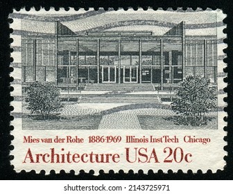 SINGAPORE – APRIL 8, 2022: A Stamp Printed In USA Shows Illinois Institute Of Technology, By Ludwig Mies Van Der Rohe, American Architecture Series, Circa 1982