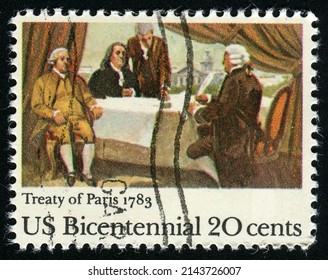 SINGAPORE – APRIL 8, 2022: A Stamp Printed In The USA Shows Treaty Of Paris 1783, US Bicentennial 20 Cents, Circa 1983