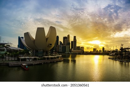Singapore - Aug 31, 2021 : Beautiful sunset at Marina bay with Artscience Museum as the main focus.