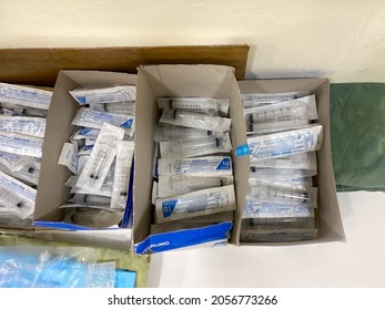 Singapore Aug2021 Top View Of New Unopened Terumo Medical Syringes In Carton Boxes On Table.