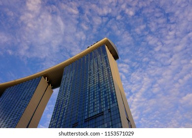            SINGAPORE - AUGUST 10, 2018: Marina Bay Sands Hotel Low Angle Point Of View.