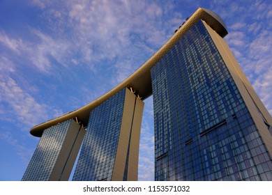            SINGAPORE - AUGUST 10, 2018: Marina Bay Sands Hotel Low Angle Point Of View.