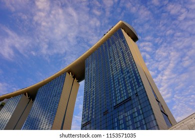            SINGAPORE - AUGUST 10, 2018: Marina Bay Sands Hotel Low Angle Point Of View.