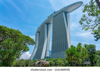 Singapore - August 11, 2018 : Marina Bay Sands Low Angle View From Gardens By The Bay