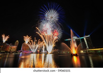 SINGAPORE - AUGUST 14: Fireworks During Singapore Youth Olympic Games (YOG) 2010 Opening Ceremony At Marina Bay August 14, 2010 In Singapore