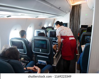 Singapore, Singapore - August 16, 2018 : Inside The Premium Economy Class In Flight Of Cathay Pacific Airbus 350-900