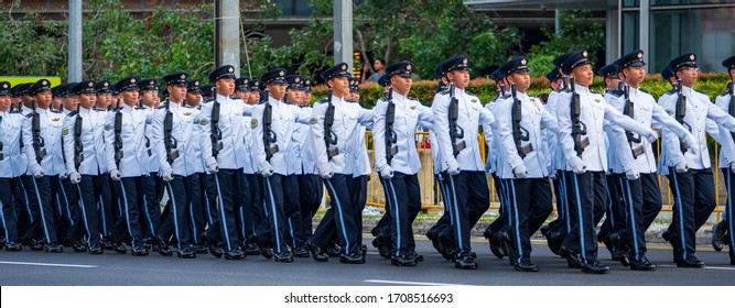 Singapore - August 2019: Singapore Army Soldiers Marching At Singapore National Day Parade Rehearsal.