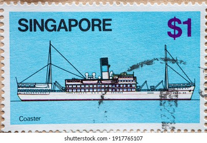 SINGAPORE - CIRCA 1980: A Postage Stamp Printed In Singapore Showing A Historic Coaster Ship; Coastal Trading Vessel 