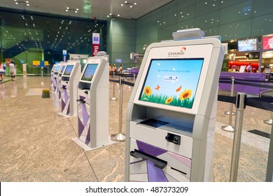 SINGAPORE - CIRCA AUGUST, 2016: self check-in kiosks at Changi Aiport. Changi Airport is the primary civilian airport for Singapore.