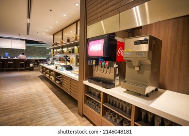 SINGAPORE - CIRCA JANUARY, 2020: Beverage Soda Fountain System At Dnata Lounge In Singapore Changi Airport.