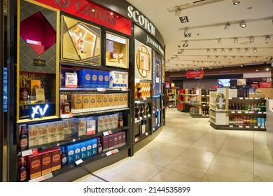 SINGAPORE - CIRCA JANUARY, 2020: A Broad Range Of Alcoholic Drinks On Display At Wines And Spirits Store In Singapore Changi Airport.