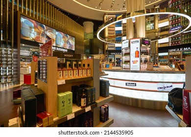 SINGAPORE - CIRCA JANUARY, 2020: A Broad Range Of Alcoholic Drinks On Display At Wines And Spirits Store In Singapore Changi Airport.