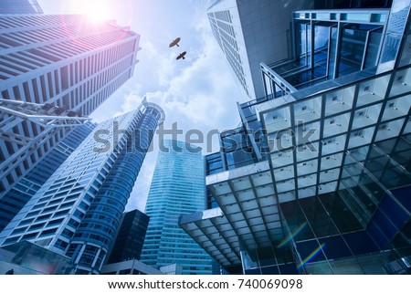 Singapore city business center corporate financial . Panoramic and perspective view light blue background of glass high rise building skyscraper commercial of future.