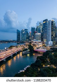 Singapore City Drone View Sept 25  2018: Singapore Sky Line At Dusk 