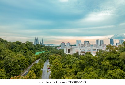 Singapore City In Forest With Blue Sky, View Point From Under Henderson Waves, Singapore, Greenery And Buildings With Road