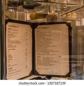 Singapore City, Singapore; January 23,2019: Old Beverage Menu On Display In Glass Case In Library Located In SHATEC International Hotel And Tourism School. 