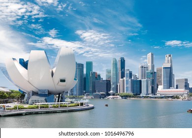 Singapore City Landscape At Day Blue Sky. Downtown Business District At Marina Bay View. Urban Skyscrapers Cityscape