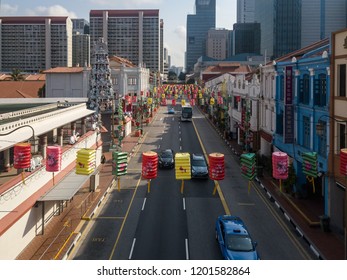 Singapore City - Sept 2018: Pagoda Street In Chinatown Singapore, Drone View 
