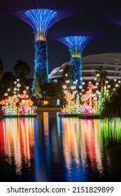 Singapore City, Singapore - September 11,2019: Night View Of Gardens By The Bay  A Nature Park In Singapore City.