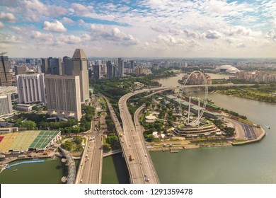 Singapore City Skyline, High Angle View At Marina Bay Business District