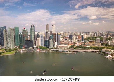 Singapore City Skyline, High Angle View At Marina Bay Business District