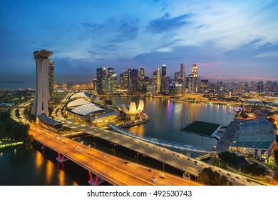 Singapore City Skyline At Marina Bay View From Singapore Flyer At Night