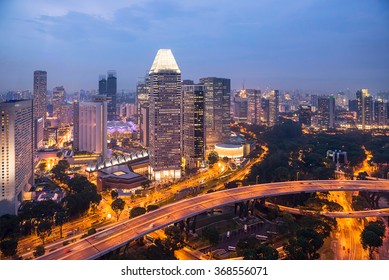 Singapore City Skyline Twilight Top View, Road To Capital City, Traffic And Light In Nighttime  