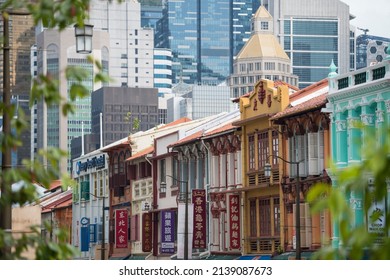 Singapore City,Singapore-September 08,2019: Singapore's Chinatown It's Famous For Its Colourful Heritage Buildings, Hiding Old Chinese Shophouses. 