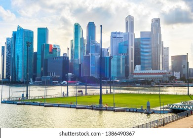 Singapore Cloudy Skyline With Float Stadium Platform At Marina Bay In Sunshine