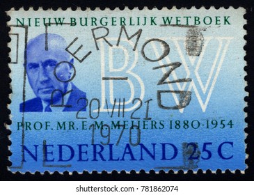 SINGAPORE - DECEMBER 27, 2017: A Stamp Printed In The Netherlands Shows Prof E M Meijers, New Civil Code, Circa 1970