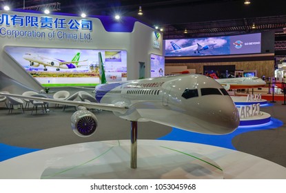 Singapore - Feb 11, 2018. A Comac C919 Twinjet Airliner On Display In Changi, Singapore.